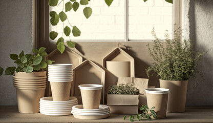 Beige paper cups, beige plates, beige boxes on kitchen. Zero waste, plastic free concept.