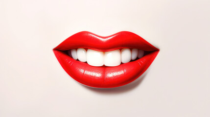 3D realistic smiling glossy red lips on white. cosmetic, fashion, and romantic designs. Open mouth with teeth, lipstick promotion.