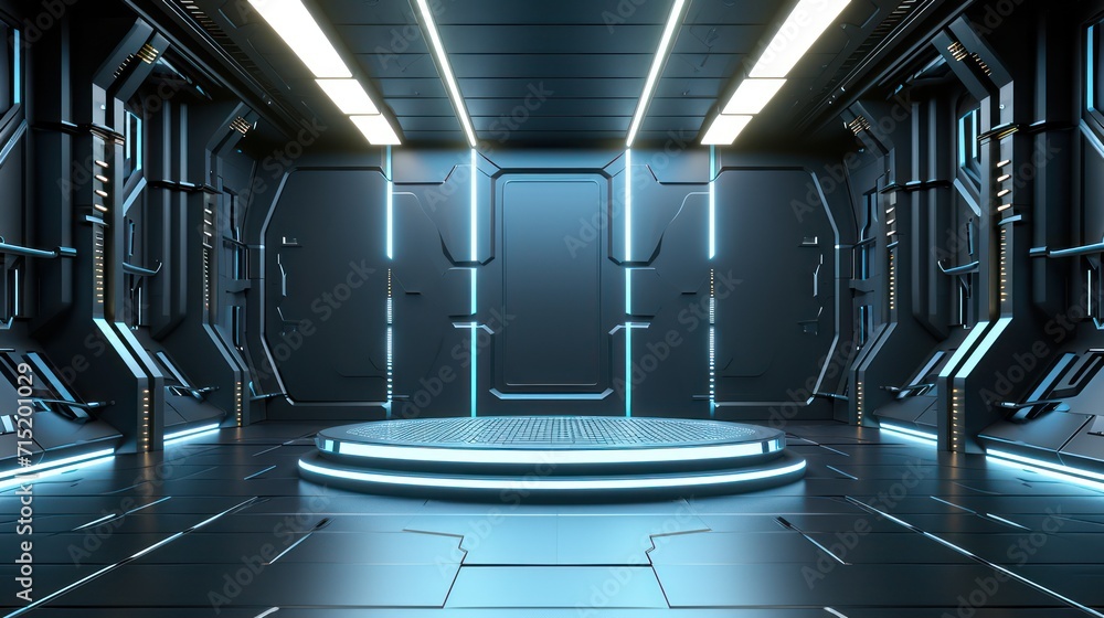Poster featuring a futuristic concept illuminated by neon lights, the centrally positioned background podiu