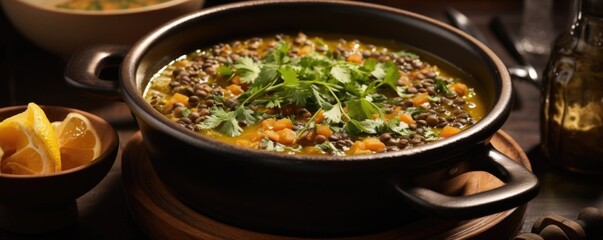 Fototapeta premium Velvety and aromatic lentil soup, simmered with fragrant es and finished with a drizzle of lemon juice, creating a comforting and soulwarming bowl of goodness.
