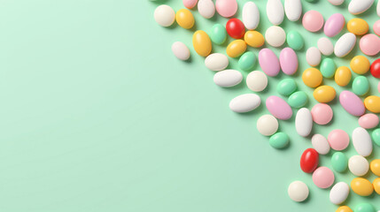 A bright and varied assortment of multicolored medication pills on a light green surface, symbolizing health and medicine.