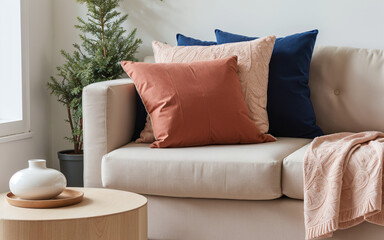 Close-up of a fabric sofa with a terra cotta pillow against a window and a white wall, showcasing the Scandinavian home interior design of a modern living room.