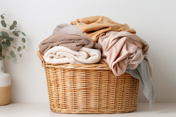 A wicker laundry basket filled with folded warm blankets in neutral tones on a light background, suggesting home comfort. - obrazy, fototapety, plakaty