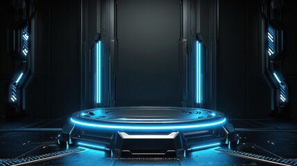 Fototapeta premium The background podium for product display, positioned at the center, features a futuristic concept illuminated by neon lights. It exudes sophistication, robotics, and gaming vibes