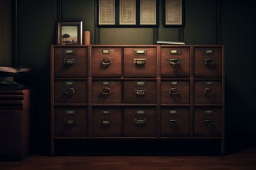 Office filing cabinet with poster in a dark wooden setting. Generative AI