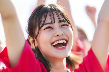 歓声をあげて応援する笑顔の日本人女性ポートレート（白背景・オリンピック・日本代表・ワールドカップ・世界大会・Jリーグ・野球・スポーツ）