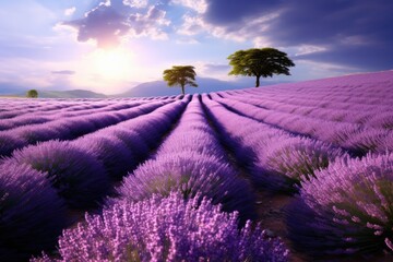 Sunset over a lavender field with a tree