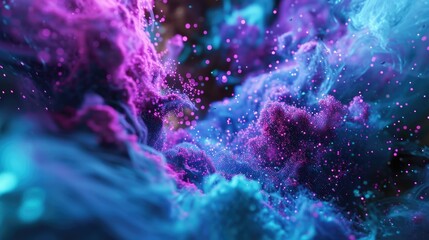 A burst of neon blue and purple particles evoking a sense of surreal and futuristic space travel - obrazy, fototapety, plakaty