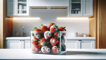 Subtle Signs of Decay on Fresh Strawberries in a Pristine White Kitchen