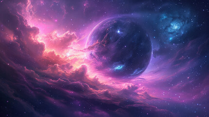 Vibrant cosmic nebula with a swirling mix of pink, blue, and purple hues