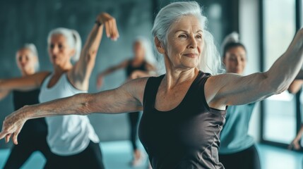 elderly women perform modern dance during their group training in the fitness room.