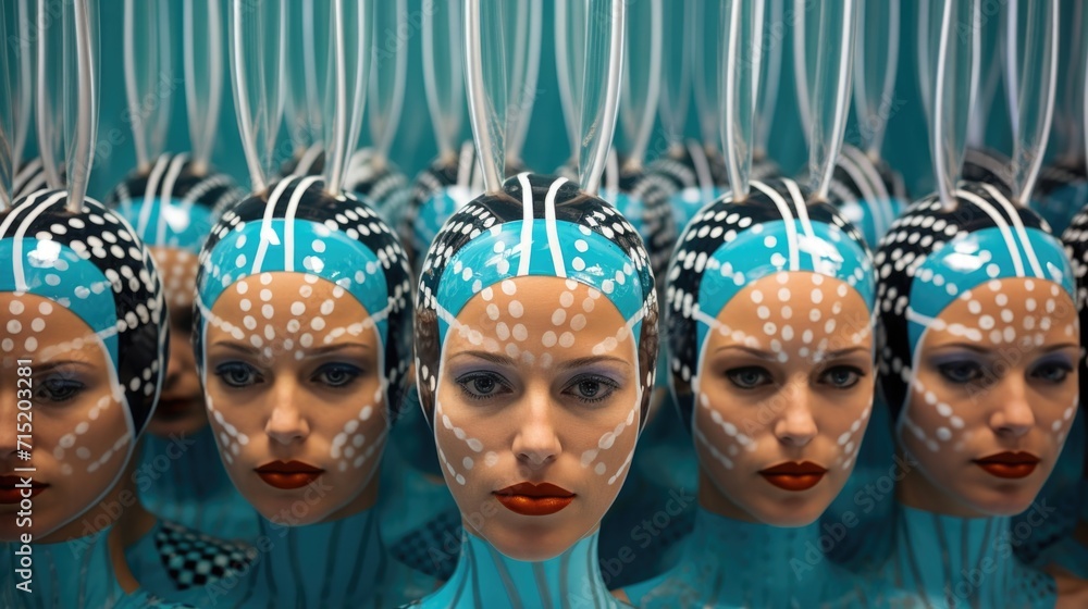 Poster a closeup of a group of synchronized swimmers, showcasing the symmetry and coordination required in 