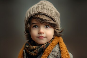Portrait of a cute little boy in a warm hat and scarf.