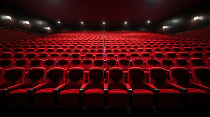 Spacious empty cinema hall with rows of red seats, creating an atmosphere of awaiting a movie premiere.