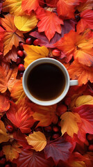 A warm cup of coffee nestled among a bed of vibrant autumn leaves, capturing the cozy spirit of the fall season.