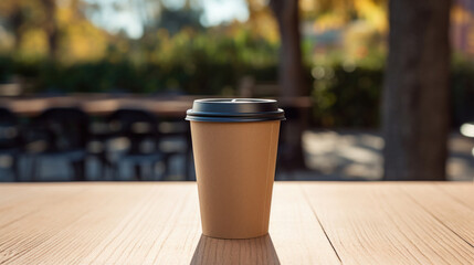 Disposable brown paper coffee cup with a lid on a wooden table, environmentally friendly concept.