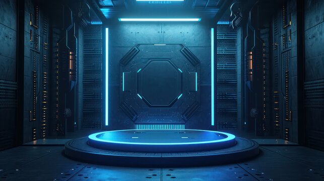 Featuring a futuristic concept illuminated by neon lights, the centrally positioned background podium for product display exudes sophistication, robotics, and gaming vibes.