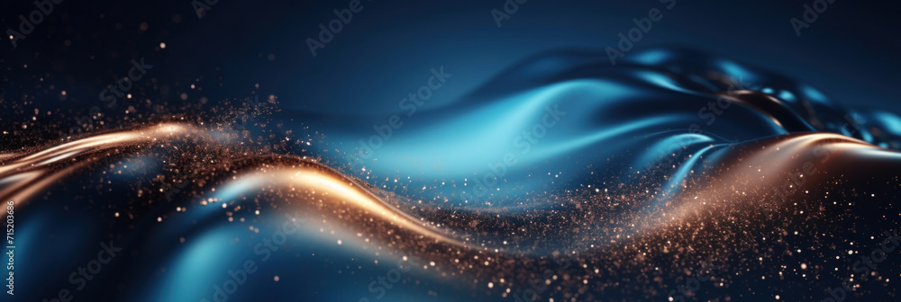 Poster elegant abstract image of undulating blue waves with sparkling golden particles, representing fluid 