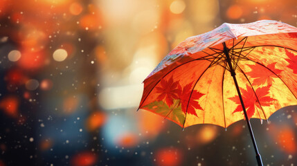 A vibrant orange autumn-themed umbrella catching falling maple leaves, symbolizing fall season.