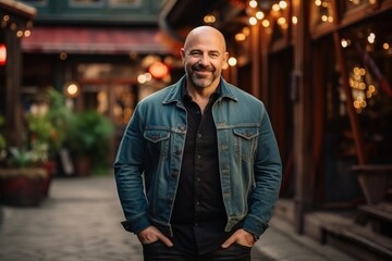Portrait of a handsome bald man in jeans jacket smiling at the camera