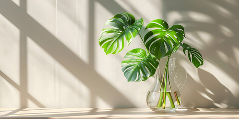 Monstera leaves in glass jug with sunlight and long shadow on wall, World Plant's Day, Generative Ai