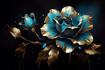 Close-up high-resolution illustration of gold and dew texture flower with black background. Gilded floral design. Dew on petals. Generative AI