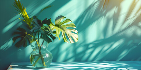 Monstera leaves in glass jug with sunlight and long shadow on wall, World Plant's Day, Generative Ai