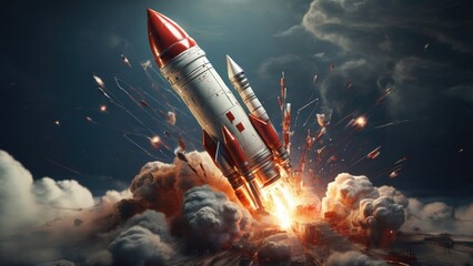 The rocket appears to be breaking through a digital barrier, representing a groundbreaking achievement in the business world. - obrazy, fototapety, plakaty