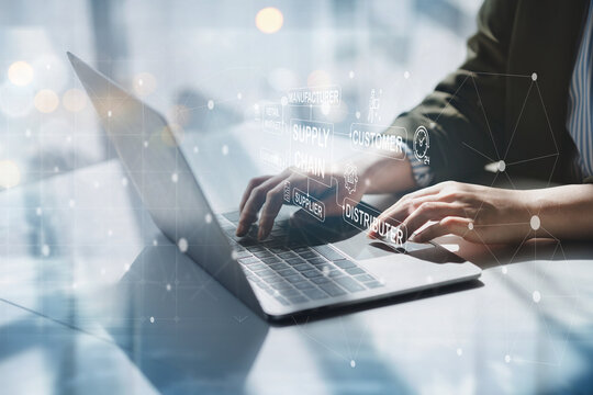 Logistics and Supply Chain transportation concepts, finding products to meet consumer needs and transporting products to consumers, distributing product networks around the world.