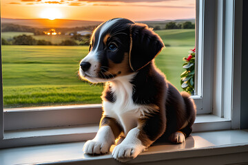 A puppy waiting for its owner in front of a window watching the sunset inside the house. Generative AI