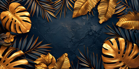 Collection of tropical leaves in gold color on black space background. Abstract leaf decoration design, empty center, copy space, Generative Ai