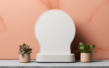 white podium, pedestal with green plant on peach color background for product mockup