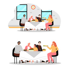 Family people eat dinner at home vector illustration. father, son, grandmother sitting at dining table and eating. Happy family time concept