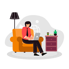 businesswoman sitting on sofa working with her laptop on her lap. work from home vector illustrations.