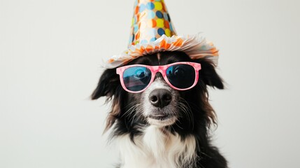 Funny party dog wearing colorful summer hat and stylish sunglasses isolated on white background.