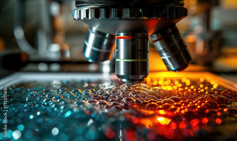 Poster a scientist explores a vibrant world of microorganisms through a microscope. generative ai.