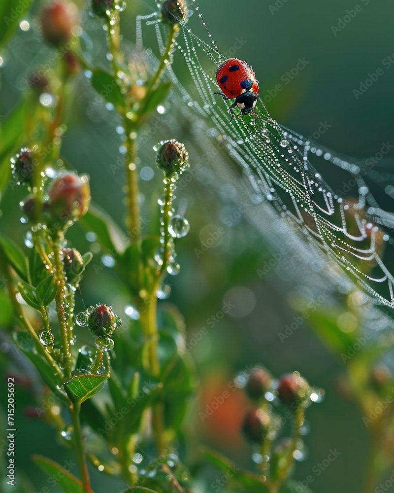 Poster a ladybug sits on a web with dew drops. generative ai.