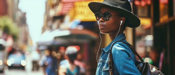A stylish  confidently struts down a vibrant shopping street, turning heads with their unique sense of style. Generative AI. - obrazy, fototapety, plakaty