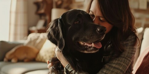 A woman and her dog share a heartwarming hug in a pet-themed living room adorned with paw prints...