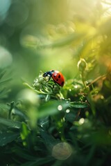 A vibrant ladybug perches on a lush green plant, basking in the sun's warm glow amidst the enchanting meadow. Generative AI.