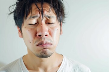風邪をひいて辛い具合が悪い日本人男性（インフルエンザ・くしゃみ・頭痛・咳・コロナ・熱・悪寒） - obrazy, fototapety, plakaty