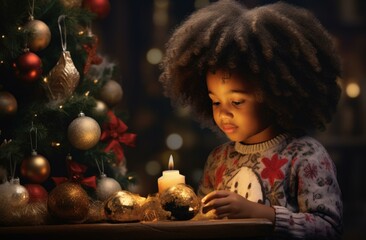 Fototapeta na wymiar A little girl with afro hair lighting a candle. Generative AI.