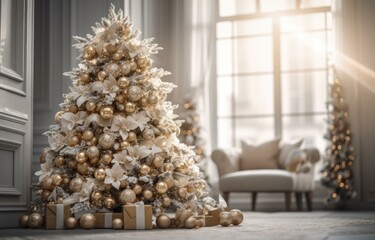 A christmas tree in a room with gold decorations. Generative AI.