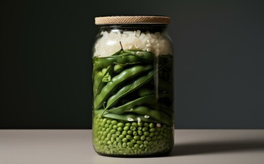 A jar filled with green beans and peas. Generative AI.