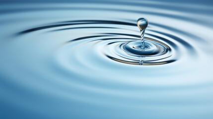 Close-up of a pristine water droplet creating ripples on a tranquil blue water surface.