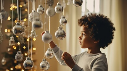 A young boy is looking at ornaments hanging from a string. Generative AI. - Powered by Adobe