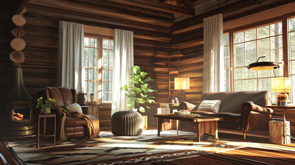 home mockup, cozy log cabin interior background. Ai Generative
