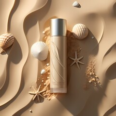 luxury cosmetic glass bottle mockup in nude color on bad beach background with shell, sunlight in summer breeze theme