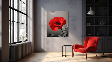 red chair in the room, red color chair against gray lining wall with a frame read poppy flower interior design of modern living room - obrazy, fototapety, plakaty