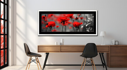 interior design of the modern living room, two black chairs by the window on the wall a horizontal white frame of red poppy flowers